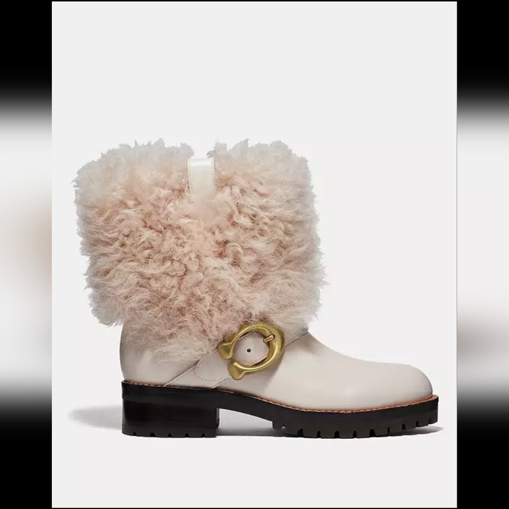 Coach Leighton Bootie Chalk White Buckle Shearling leather boots NWOB 37.5 7